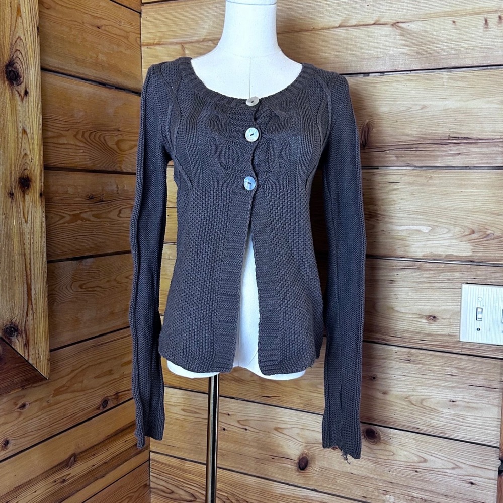 Cable Knit Cardigan Womens Extra Small Taupe Brown Cotton Scoop Neck L.O.G.G. HM